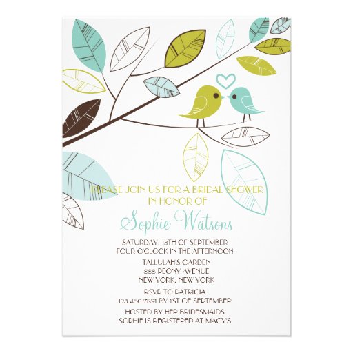 Green and Blue Lovebirds Bridal Shower Invitations