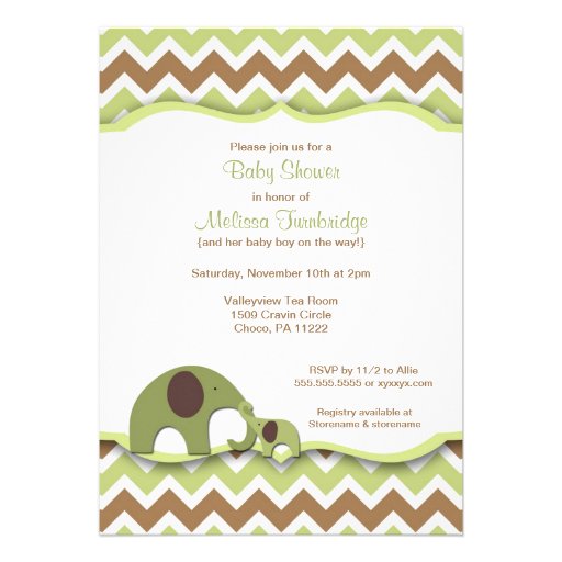 Green and Brown Elephants Baby Shower Invites
