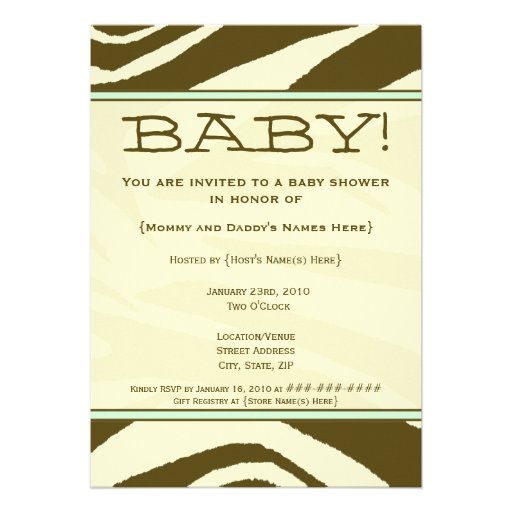 Green and Brown Zebra Print Baby Shower Invitation