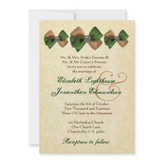 Green and Chocolate Jewelled Bows Wedding invitation