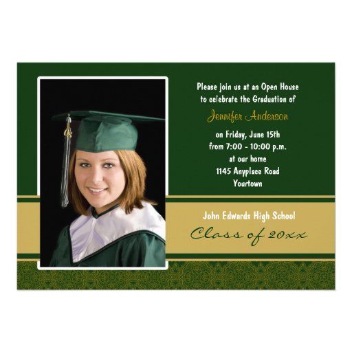 Green and Gold Damask Graduation Party Invitation (front side)