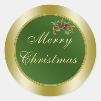 Green and Gold, Holly Merry Christmas Classic Round Sticker