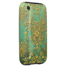 Green and Gold Turquoise Floral Rose Damask iPhone 3 Tough Cases