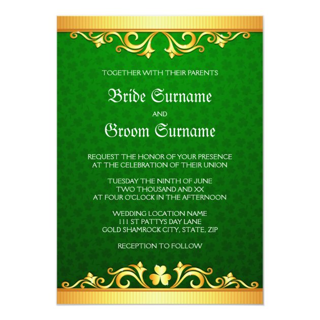 Green and golden clover St Patrick's day wedding 5x7 Paper Invitation Card