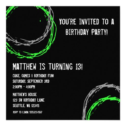 Green and Gray Grunge Circles Boy Birthday Party Custom Invitation