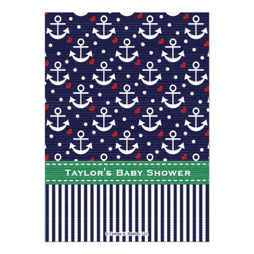 Green and Navy Anchor Nautical Baby Shower Custom Invitation