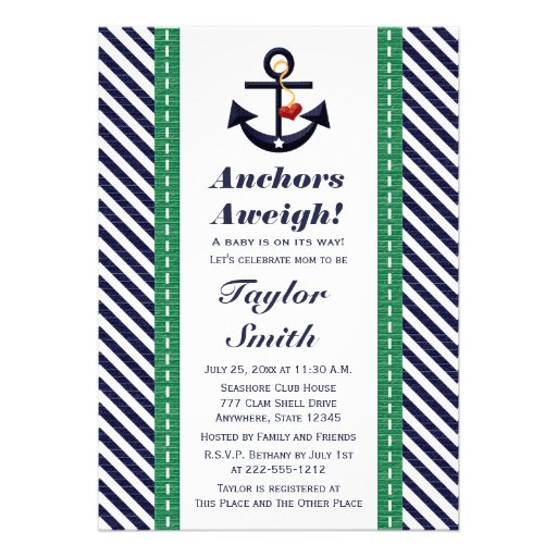 Green and Navy Anchor Nautical Baby Shower Custom Invitation (front side)