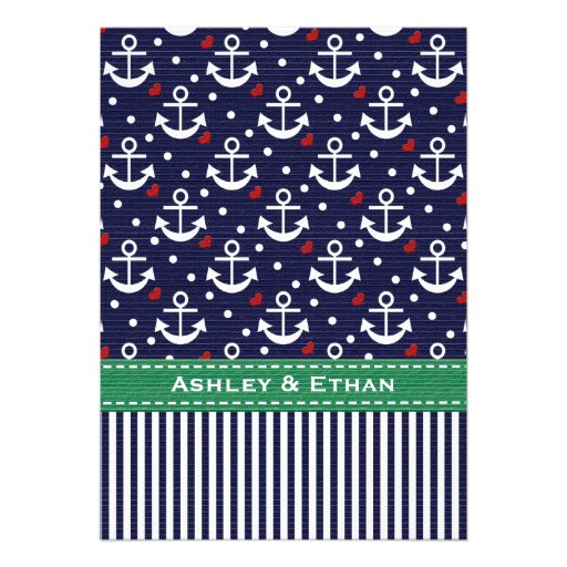 Green and Navy Anchor Nautical Wedding Invitations