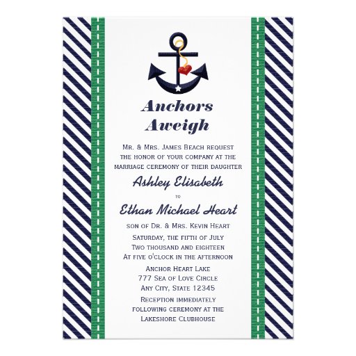 Green and Navy Anchor Nautical Wedding Invitations (front side)