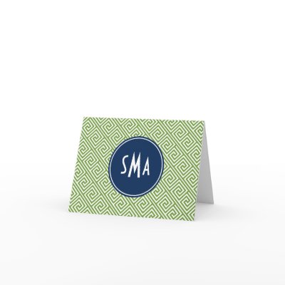 Green and Navy Blue Greek Key Pattern Monogram Card