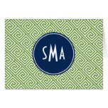 Green and Navy Blue Greek Key Pattern Monogram Card