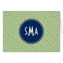 Green and Navy Blue Greek Key Pattern Monogram Card