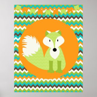 Green and Orange Chevron Fox Nursery Poster