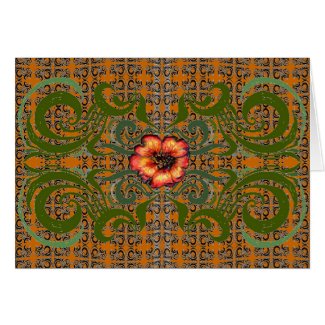 Green and Orange Pattern with a Red Flower zazzle_card