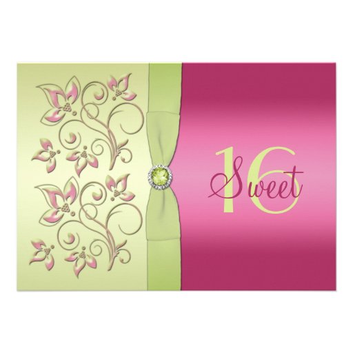 Green and Pink Floral Sweet Sixteen Invitation