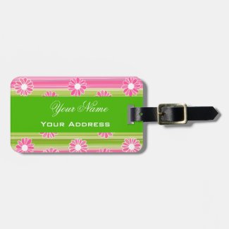 Green and pink flowers with stripes luggage tags
