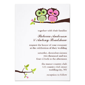 Green and Pink Owls Wedding 5x7 Paper Invitation Card