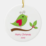 Green and Pink Polka Dot Love Bird on Branch Ornaments