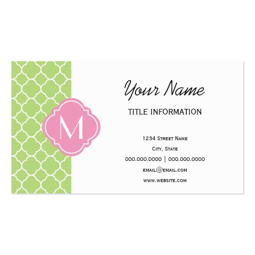 Green and Pink Quatrefoil Pattern with Monogram Business Card Template (front side)
