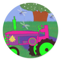 Green and Pink Tractor with Dragonflies Sticker