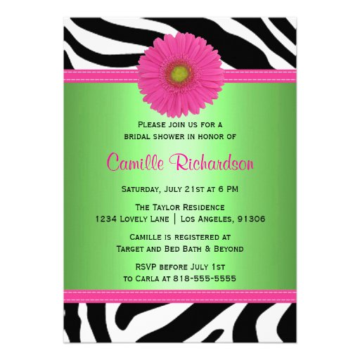 Green and Pink, Zebra Bridal Shower Invitation