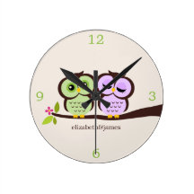 Green and Purple Owl Couple Wall Clock