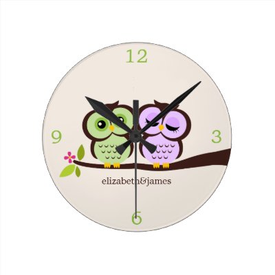 Green and Purple Owl Couple Wall Clock