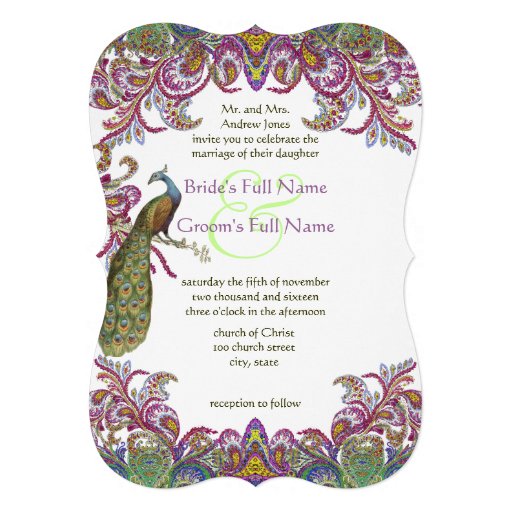 Green and Raspberry Damask Wedding Invitation (front side)