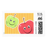 Green and red apple cartoon characters postage