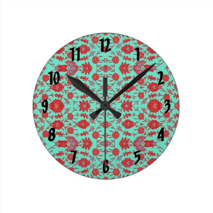 Green and Red Vintage Floral Pattern Round Wall Clocks