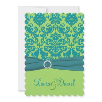 Green and Turquoise Damask Wedding Invitation invitation
