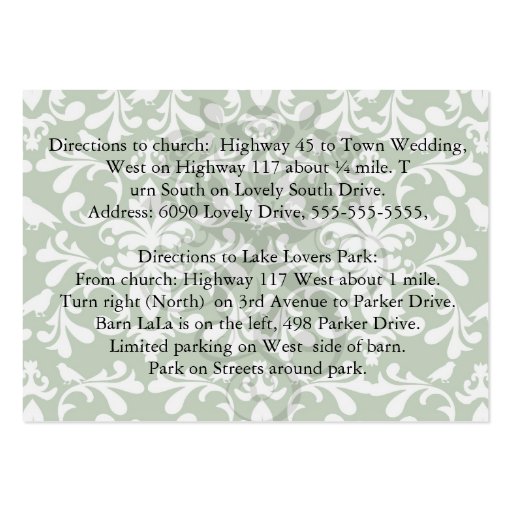 green and white bird damask pattern business card template (back side)