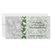 green and white bird damask pattern custom photo card