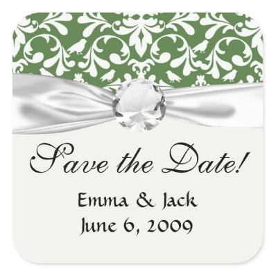 green and white bird damask pattern square stickers