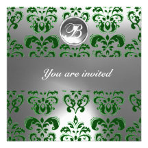 GREEN AND WHITE DAMASK GEM STONE MONOGRAM INVITATION
