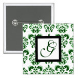 GREEN AND WHITE DAMASK SQUARE MONOGRAM BUTTON