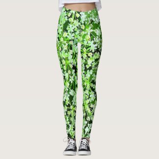 Green and White Garden Flowers Floral Leggings