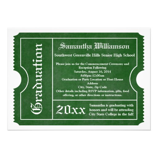 Green and White Graduation Ticket Invitations (front side)