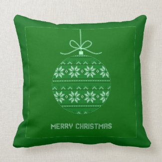 Green And White Knitted Merry Christmas Ornament Throw Pillows