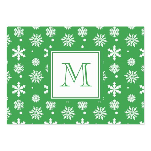 Green and White Snowflakes Pattern 1 with Monogram Business Cards