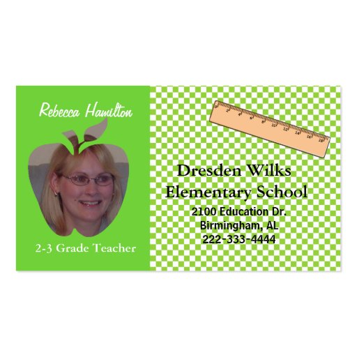 Green and White Teacher's Photo Business Card (front side)