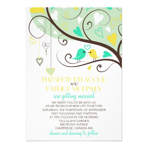 Green and Yellow Love Birds Wedding Invitation