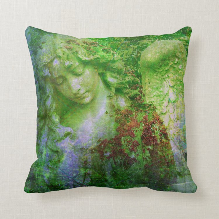 Green Angel Statue Fairy Garden Pillow