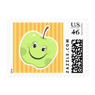 Green apple cartoon character postage stamp