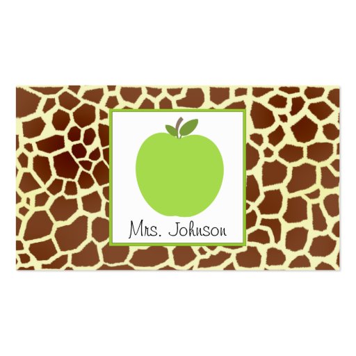 Green Apple Giraffe Print Teacher Business Card (front side)