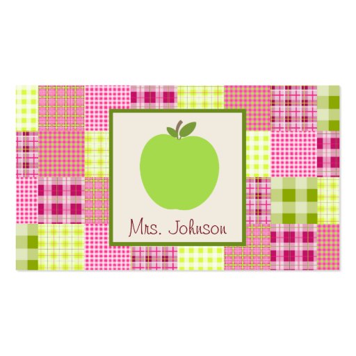 Green Apple & Madras Inspired Plaid Teacher Business Cards (front side)