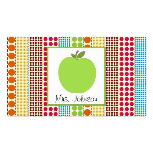 Green Apple Multicolor Polka Dots Teacher Business Card Template (front side)