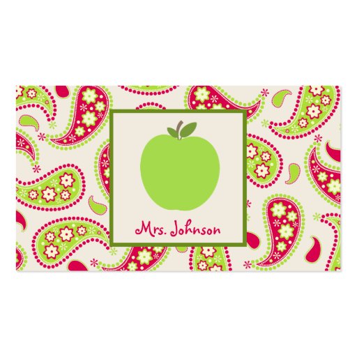 Green Apple & Paisley Teacher Business Cards (front side)