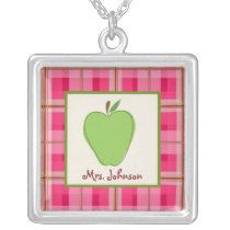 Green Apple Pink Plaid Personalized Teacher necklaces