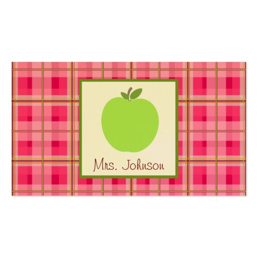 Green Apple & Plaid Teacher Business Cards (front side)